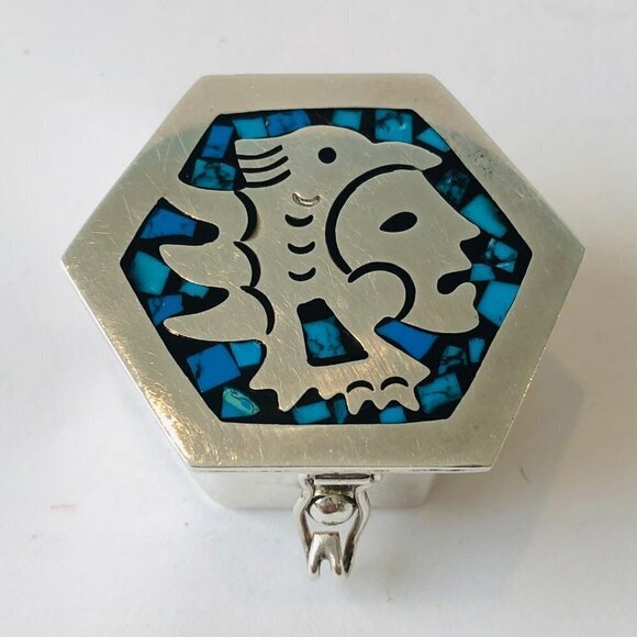 Mexico Native Sterling Pill Snuff Box Mosaic Turquoise Chips Collectible Artisan - Picture 2 of 10